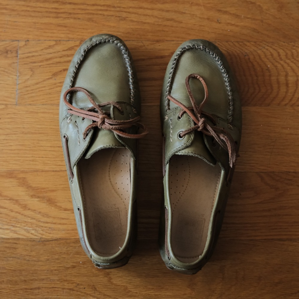 Frye Olive Green Leather Boat Shoes with Brown Laces